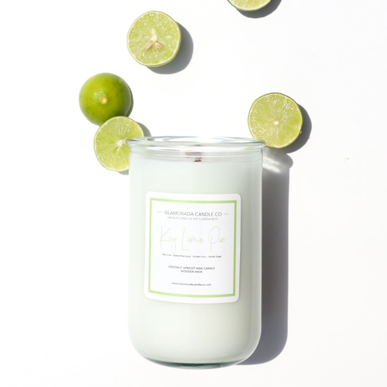 A Florida Keys inspired candle with wooden wick and Key Lime Pie scent notes in a 12oz vessel