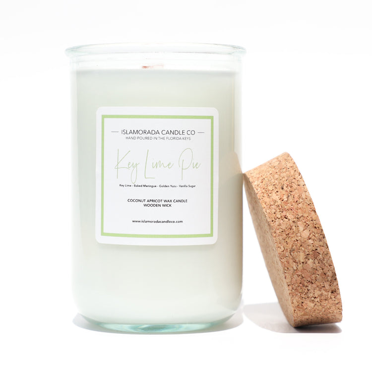 A Florida Keys inspired candle with wooden wick and Key Lime Pie scent notes in a 12oz vessel