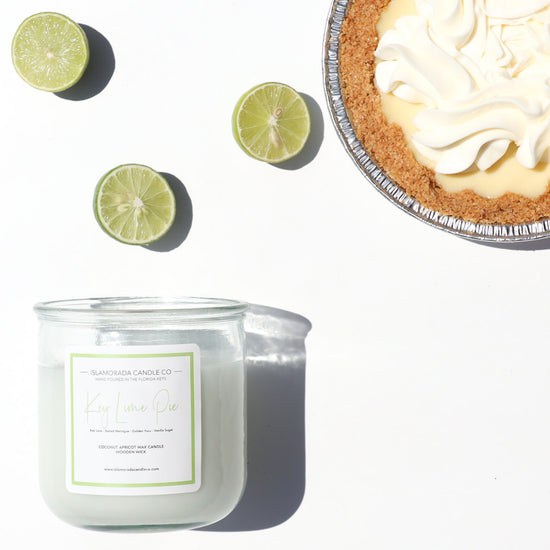 A Florida Keys inspired candle with wooden wick and Key Lime Pie scent notes