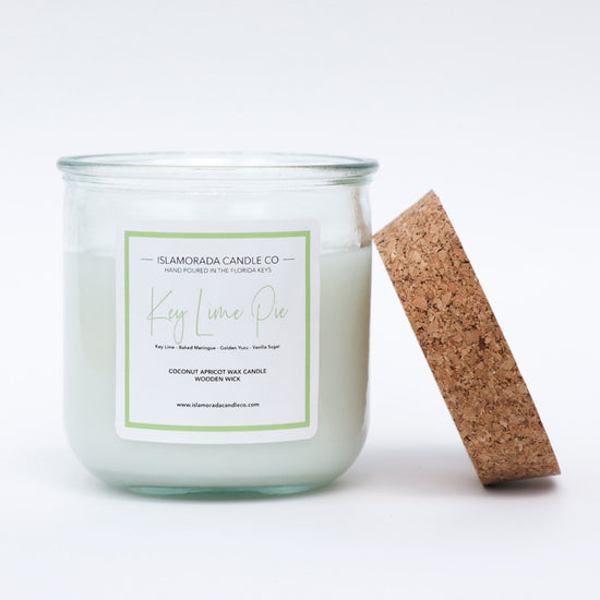 A Florida Keys inspired candle with wooden wick and Key Lime Pie scent notes