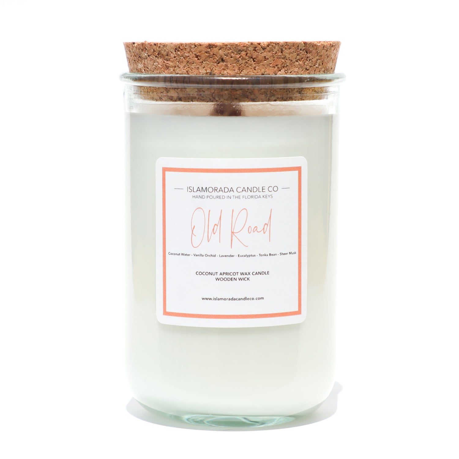 A Florida Keys inspired candle with wooden wick and Old Road scent notes in a 12oz vessel